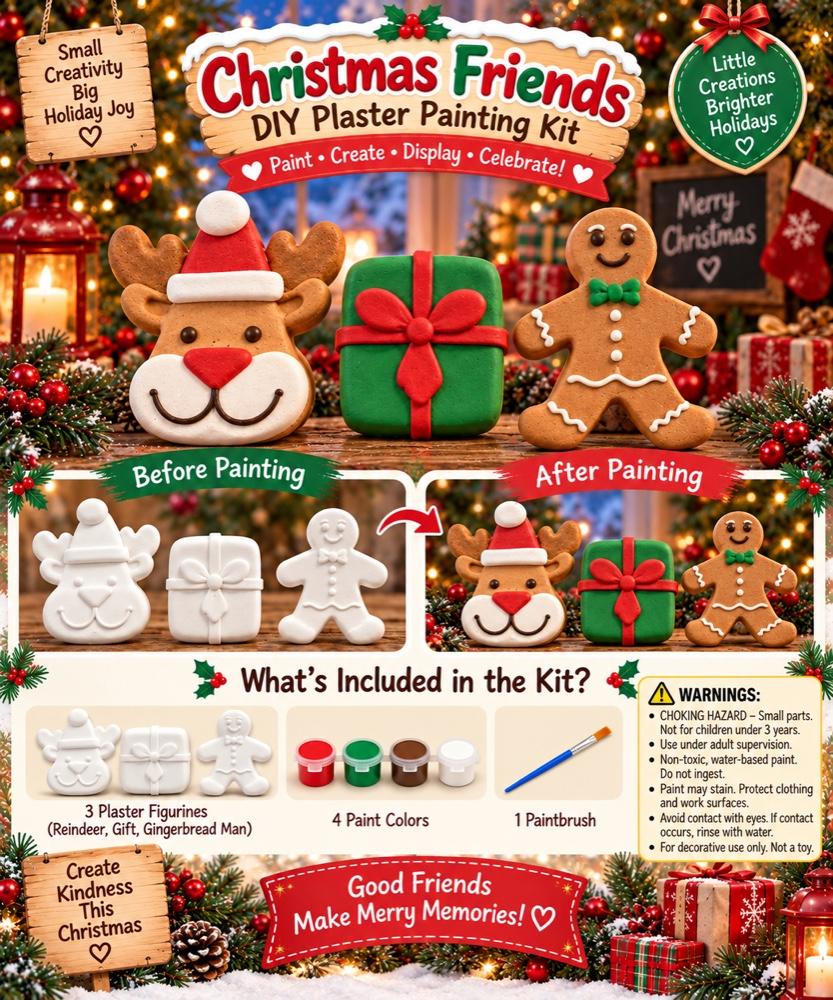 Christmas Friends kit poster: painted reindeer, gift and gingerbread man figurines, with before-and-after photos and the kit contents