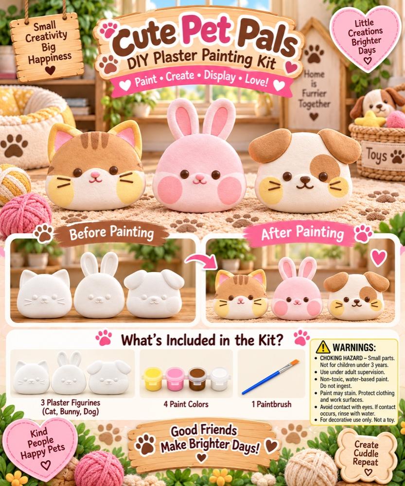 Cute Pet Pals kit poster: painted cat, bunny and dog figurines, with before-and-after photos and the kit contents