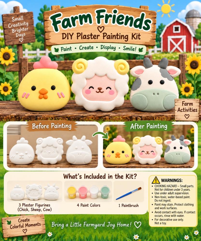Farm Friends kit poster: painted chick, sheep and cow figurines, with before-and-after photos and the kit contents