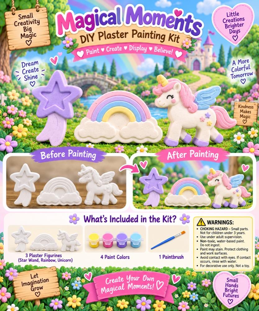 Magical Moments kit poster: painted star wand, rainbow and unicorn figurines, with before-and-after photos and the kit contents