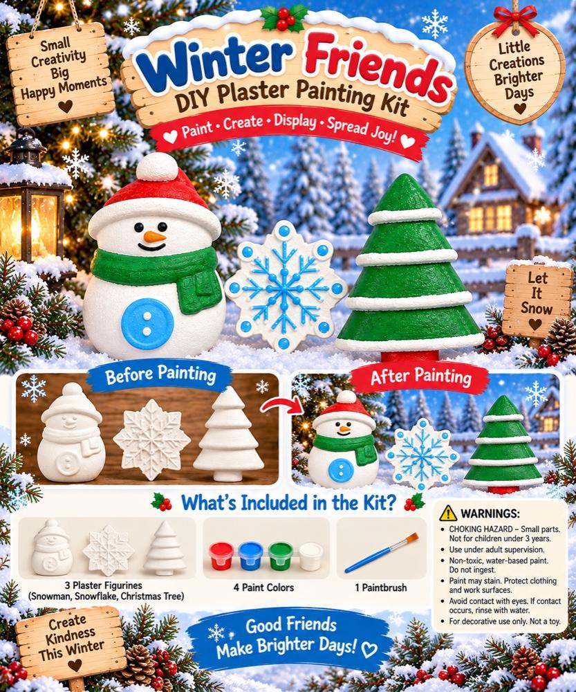 Winter Friends kit poster: painted snowman, snowflake and Christmas tree figurines, with before-and-after photos and the kit contents